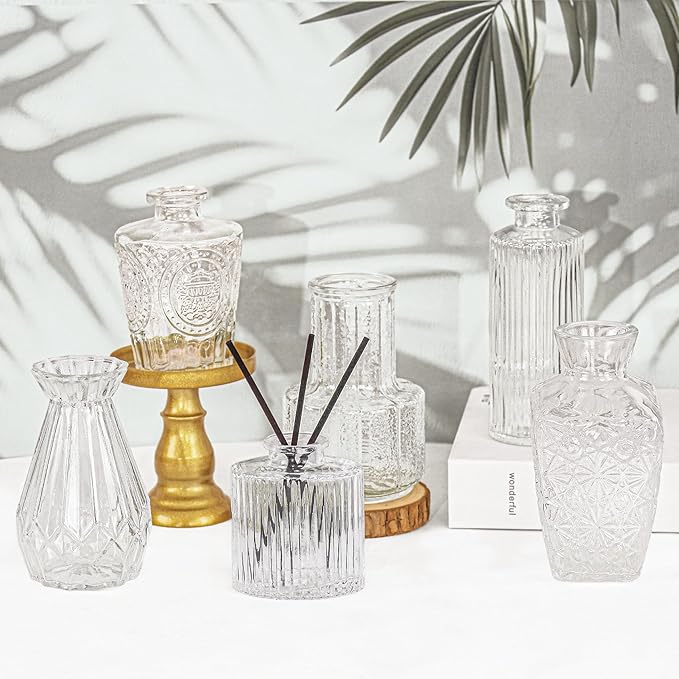 6Pcs Glass Bud Vase Set,Small Flower Vase for Tables Centerpieces Decor, Mini Vintage Clear Vase for Home,Wedding,Party Decorations