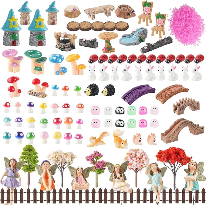 101 Pcs Resin Miniatures Figures Fairy Garden Kit, Fairy Garden Accessories Outdoor for DIY Dollhouse Micro Landscape