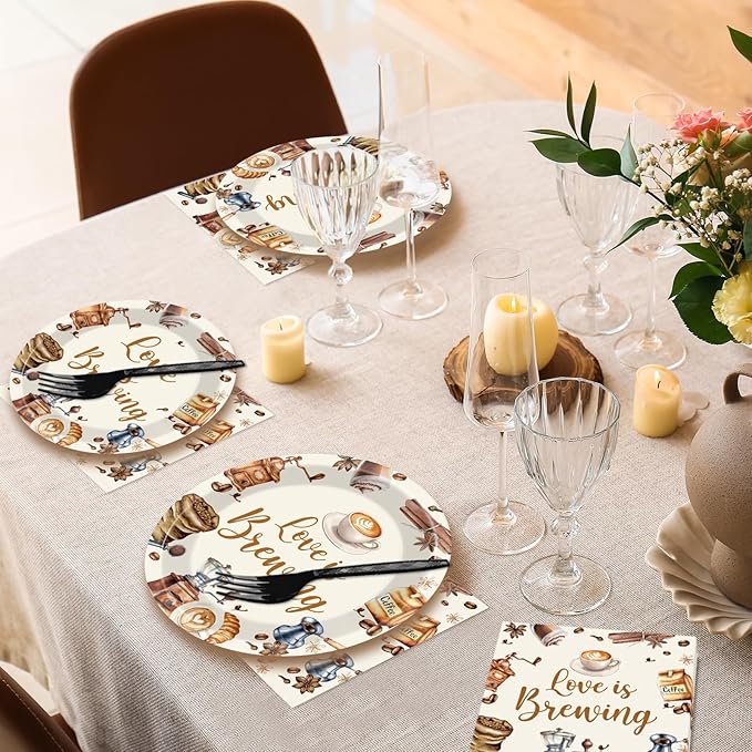 96Pcs Love Is Brewing Party Decorations Bridal Shower Tableware Coffee Theme Plates Napkins Forks Love is Brewing Coffee Dinnerware Party Supplies for Engagement Bachelorette Party Serves 24 Guests