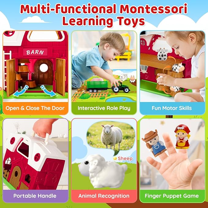 Farm Animal Toys for 1 2 3 Year Old Toddlers, Big Red Barn with Farm Mat & Animals & Tractor Toy for Boys Girls, Montessori Learning Interactive Barn Set for Kids 1-3, Ideal Christmas Birthday Gifts