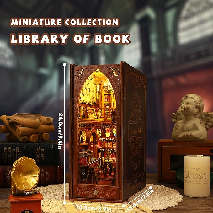 Kisoy Book Nook Kit, 3D Wooden Puzzle Booknook Build Bookshelf Decor, DIY Miniature House Kit for Adults and Teens, Mini House Arts&Craft Gifts for Family and Friends(Library of Book)