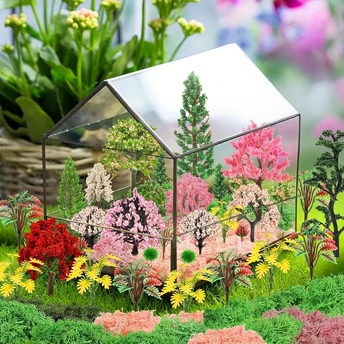 QUOZUO 36 Pcs Mixed Model Trees with 40g Moss Pink and Green, Diorama Trees Grass Mini Fake Miniature Trees Moss for Building Model, Model Train Scenery, Natural Green Landscape, Railroad Scenery