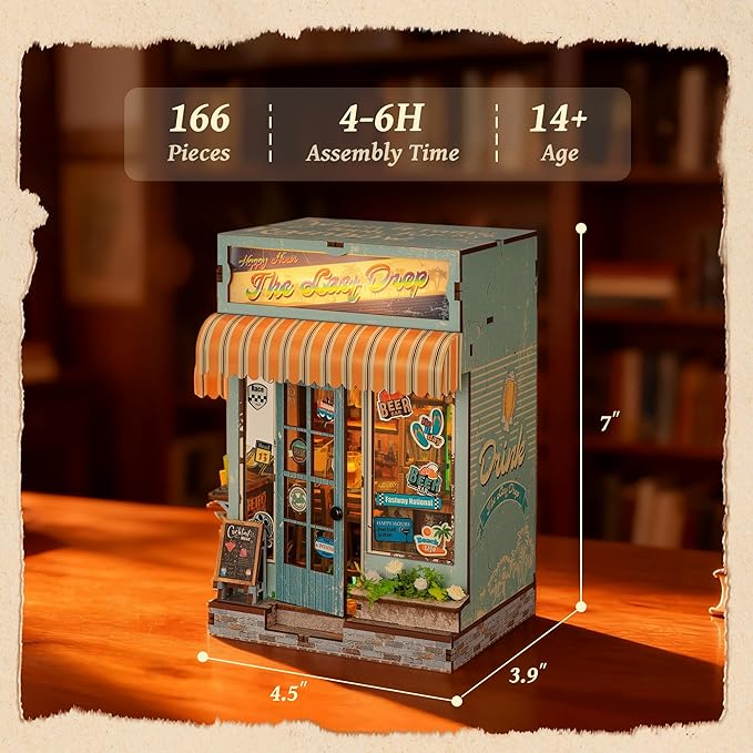 3D Wooden Puzzle Beer Bar Miniature Kit - DIY Dollhouse with LED Lights, Home Decor Display, Creative Gift for Adults and Teens (The Last Drop)