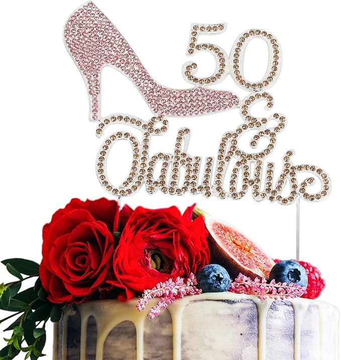 LINGTEER 50 Fabulous Pink High Heel Rhinestone Crystal Cake Topper Perfect for 50th Birthday Anniversary Party Keepsake Sparkle Decoration