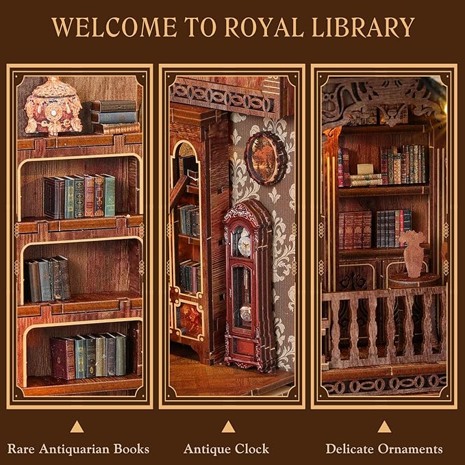 MoKo Book Nook Kit, 3D Wooden Puzzles Booknook with LED Lights, DIY Miniature House Kit, Book Nook Decor Gifts for Adults Family, Royal Library