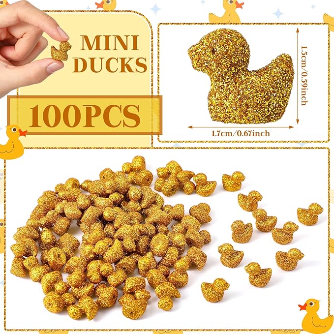 Yaocom 100 Pcs Mini Glitter Golden Duck Statue Bulk Golden Duck Figurines Micro Garden Landscape Dollhouse Cake Decoration Potted Plants DIY Craft Charms for Party Christmas Thanksgiving Gift