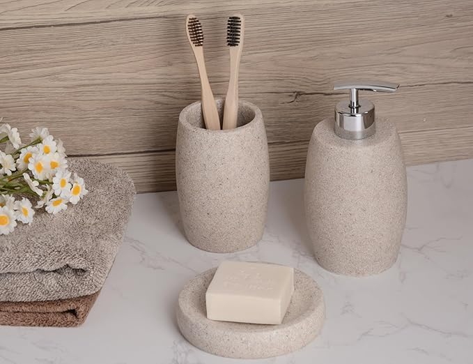 Clasin Home Beige Bathroom Accessories Set 3 PC, Resin Sandstone Look Soap Dispenser, Toothbrush Cup, Soap Dish, Bathroom Soap Dispenser Set for Home Decor and Kitchen