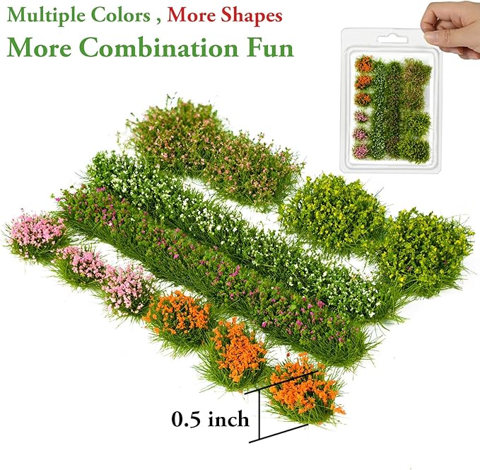 Warmtree 12 Pcs Miniature Colorful Flower Cluster Miniature Flowers Static Grass Tufts for Diorama Supplies Woodland Scenics Terrain Railway Scenery Table Landscape(Orange Pink)