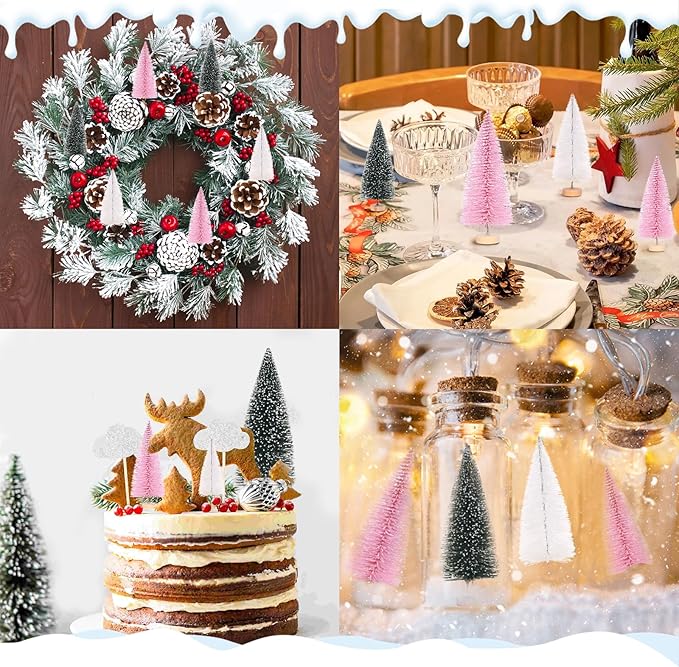 Waipfaru Pink Christmas Decorations, 30 Pcs Mini Bottle Brush Christmas Trees, Miniature Small Pine Trees for Xmas Tabletop Crafts Indoor Table Home Decor (Pink & White)