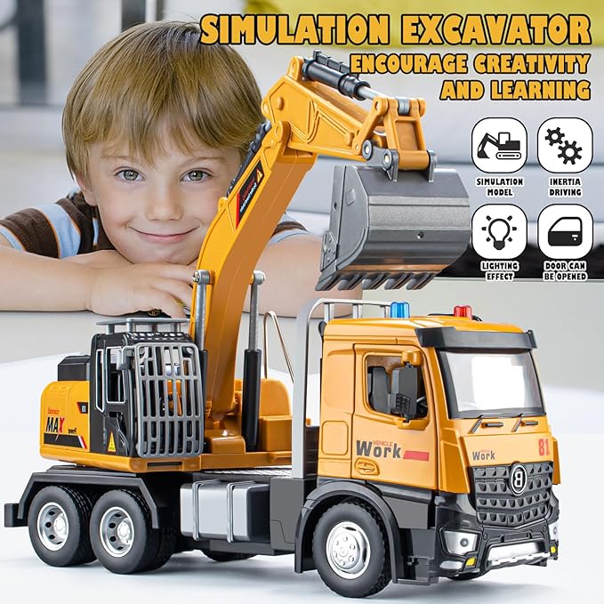 Excavator Toy Metal Cab, Big Digger Toys for Boys with Lights Sounds and Working Movable Parts, Friction Powered Construction Vehicles for Kids (Excavator)