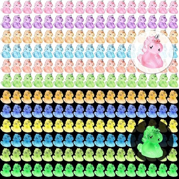 120Pcs Luminous Mini Resin Unicorn Figurines Glow in The Dark Tiny Unicorn to Hide Bulk Plastic Animals for Micro Landscape Fairy Garden Aquarium Dollhouse Birthday Party DIY Crafts Decor