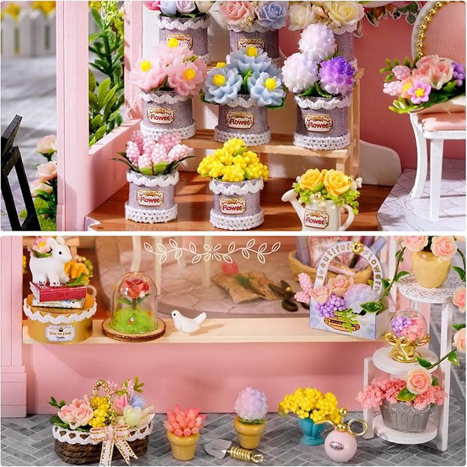 DIY Miniature House Kit, Dollhouse Kit with LED Light, Mini House Building Kits for for Adult to Building, Christmas Home Decorations Gifts for Family and Friends, Pink World