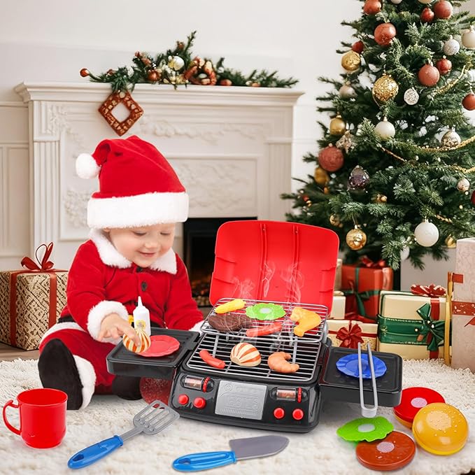 Kids Play Food Grill with Pretend Smoke Sound Light Kitchen Playset BBQ Accessories Camping Cooking Set Barbecue Toddler Girl Boy Toy 2 3 4 5 6 Year Old 4-8 Birthday Kid Toy Idea