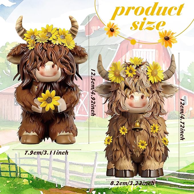 Burbell 2 Pcs Highland Cow Figurines Decor Cow Gnomes with Sunflower Resin Statue Calf Lovers Gifts for Farmhouse Home Garden Bathroom Kitchen Office Tiered Tray Table Decor