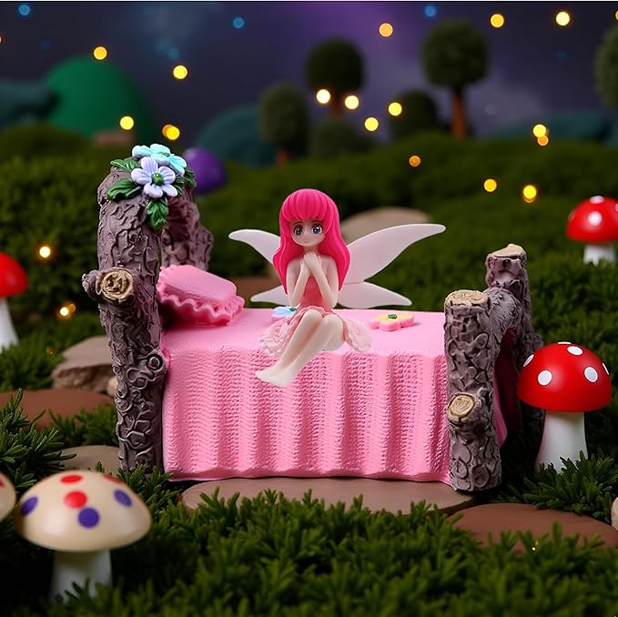 2Pcs Miniature Fairy Garden Bed with Flower Fairy Figurine – Resin Craft Ornament for DIY Fairy Garden, Terrarium, Tabletop Décor, Garden Display,Creative Home Decoration & Collectible Resin Accessory