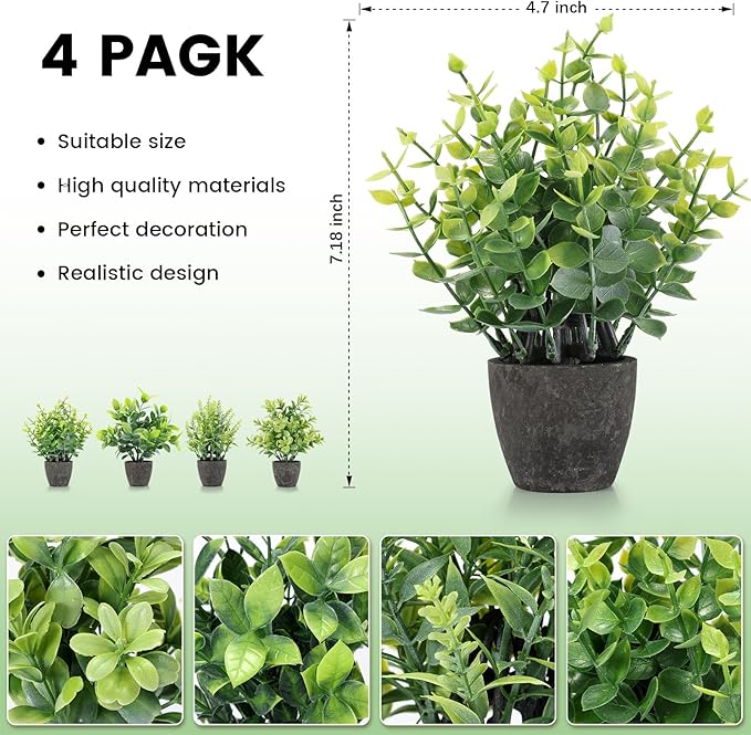 FAVOWREATH 4 Pack Fake Plants Ceramic Mini Artificial Greenery Potted Plants for Home, Office, Room, Farmhouse, Indoor Table, Bathroom Decor