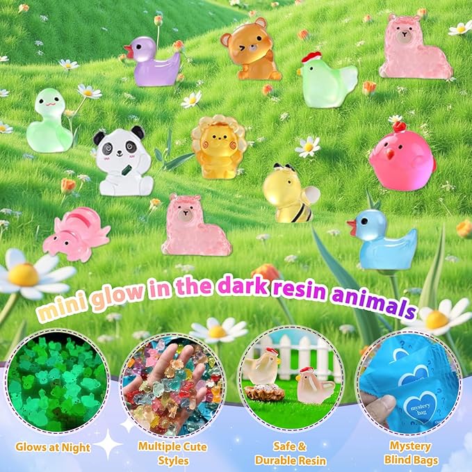 100 Pcs Blind Bags Mystery Resin Animals: Mini Glow In The Dark Resin Animals Mystery Bags For Resin Craft Fairy Garden Dollhouse Décor Collectible Mini Resin Figures Christmas Gift