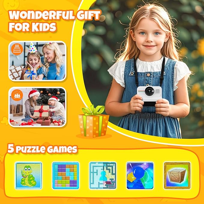 Kids Instant Print Camera, 1080P HD Kids Camera Instant Print with 3 Rolls Print Paper & 32GB Card, Ideal Kid Toys Gifts for Boys & Girls Age 3-14 (Black)