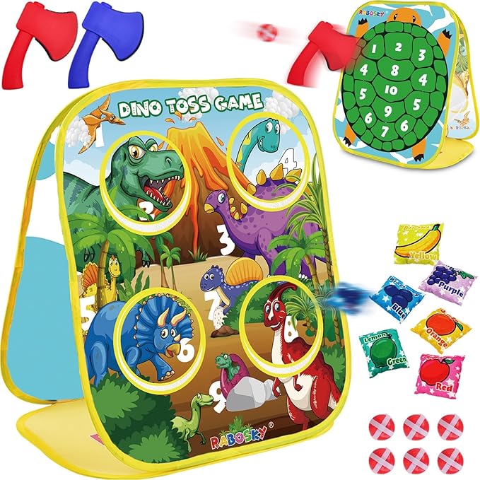 RaboSky 3-in-1 Feed Dinosaur Toss Games for Kids with 6 Fruit Bean Bags, 2 Throwing Axes, 6 Sticky Balls, Outdoor Toddlers Toys Indoor Activities for 2 3 4 5 Boy Gifts Birthday Party Easter Christmas
