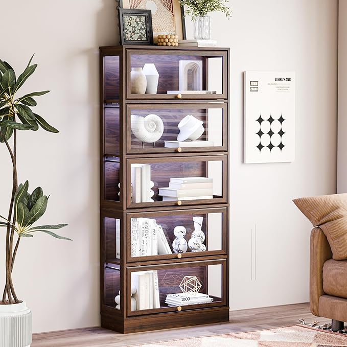 Display Cabinet with Acrylic Glass Doors,5-Tiers Curio Cabinet with LED Lighting for Collectibles, Collectibles Toy Organizers Rack & Display Shelf Display Case Storage Cabinet, Walnut