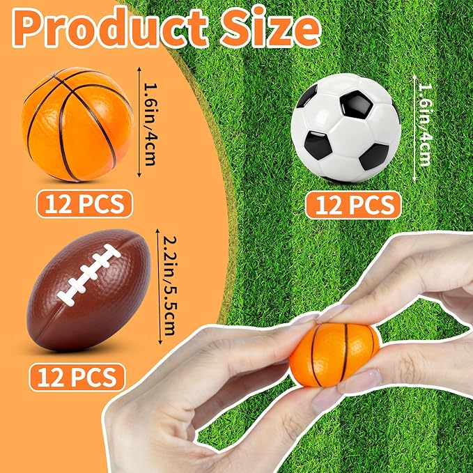 36 Pcs Mini Foam Sports Balls for Kids Adults Party Favors,Small Stress Balls Basketball Football Soccer Balls Bulk Toys Goodie Bag Stuffers Classroom Prizes Party Decorations