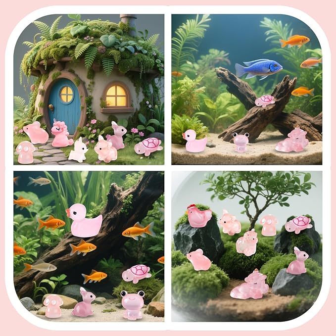 180pcs Pink Mini Ocean Resin Animals Luminous Tiny Animals Figurines Glow in The Dark for DIY Miniature Fairy Garden Accessories Micro Landscape Aquarium Dollhouse Decorations（Pink Style）