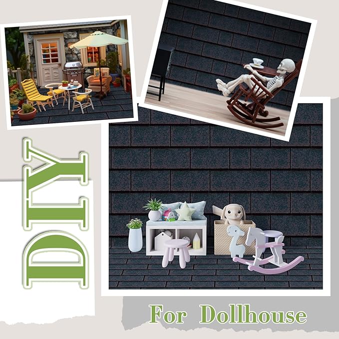 Flutesan 24 Pcs Miniature Dollhouse Wallpaper and Flooring Peel and Stick Mini DIY Self Adhesive Dollhouse Accessories 8.27 x 11.69 Inch (Roof Shingles Black Rectangular)