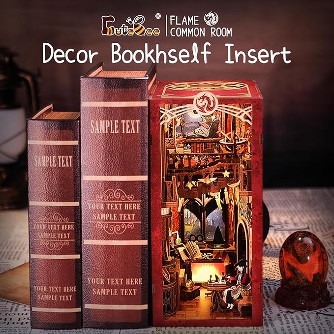 CUTEBEE Book Nook Kit - DIY Miniature House Dollhouse Kit for Adults, Booknook Tiny House Bookshelf Decor 3D Wooden Puzzle, Gifts for Family and Friends (Flame Common Room)
