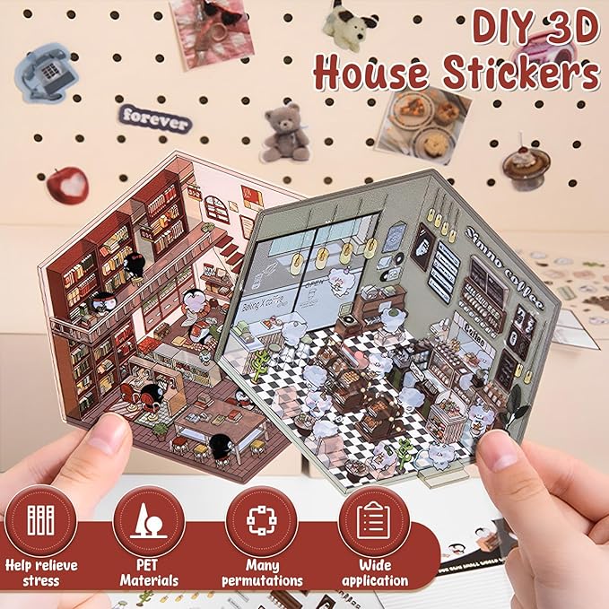 DIY 3D House Sticker, Creative 3D Stickers Scene, Fun 3D House Sticker Set, Decorative 3D Room Sticker, Cartoon 3D Miniature Scene Stickers for Adults Kids to Make Your Own Mini Room Scenes (Set 3)