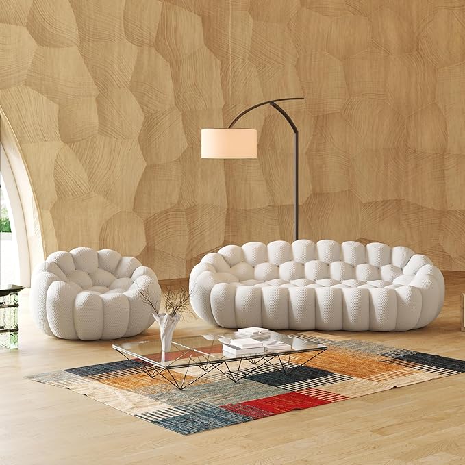 JACH 3 Seater Bubble Sofa and Single Seat Curved Couch, Comfy Upholstered Sofa, Mesh Fabric 3D Honeycomb Shape Modern Couch for Living Room, Office, Apartment, Small Space (Light Grey)