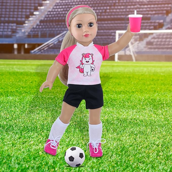 18 Inch Doll Accessories Football Sport Set - 7PCS Includes Headband, Tops, Shorts, Shoes, Mini Soccer Ball, Socks & Water Bottle for American Doll Pretend Play, Gifts