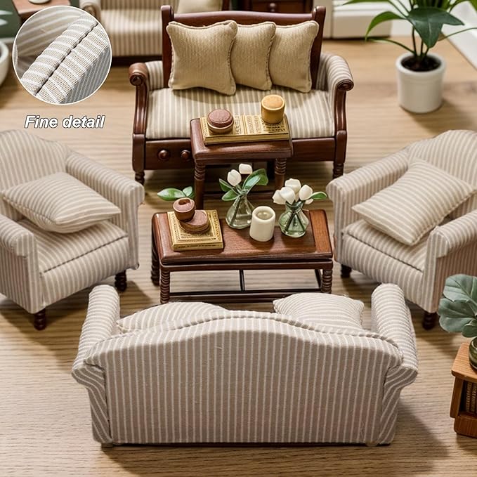 1/12 Dollhouse Couch - Miniature Double & Single Sofa with Pillow, Upholstered Armchair for Living Room or Bedroom Furniture Accessories (1 Set)