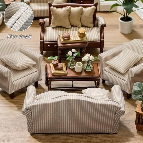 1/12 Dollhouse Couch - Miniature Double & Single Sofa with Pillow, Upholstered Armchair for Living Room or Bedroom Furniture Accessories (1 Set)