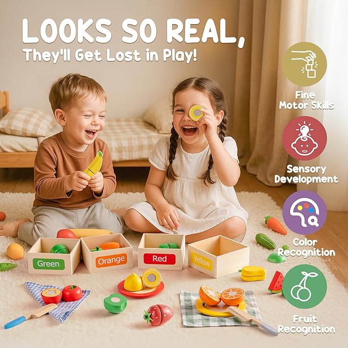 ROBOTIME Play Food Toys for Kids, Pretend Wooden Toy Food with Cutting Fruit Toys, Knife, Plate, Napkin and Fruit Sorting Storage Box, Play Kitchen Accessories, Color & Fruit Recognition for Kids 3+