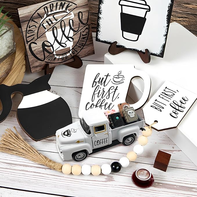 Coffee Decor for Coffee Bar Vintage Metal Truck with Mini Fake Books and Coffees Farmhouse Tabletop Coffees Ghost Sign Halloween Tiered Tray Decor Rustic Table Centerpiece for Home Kitchen, White