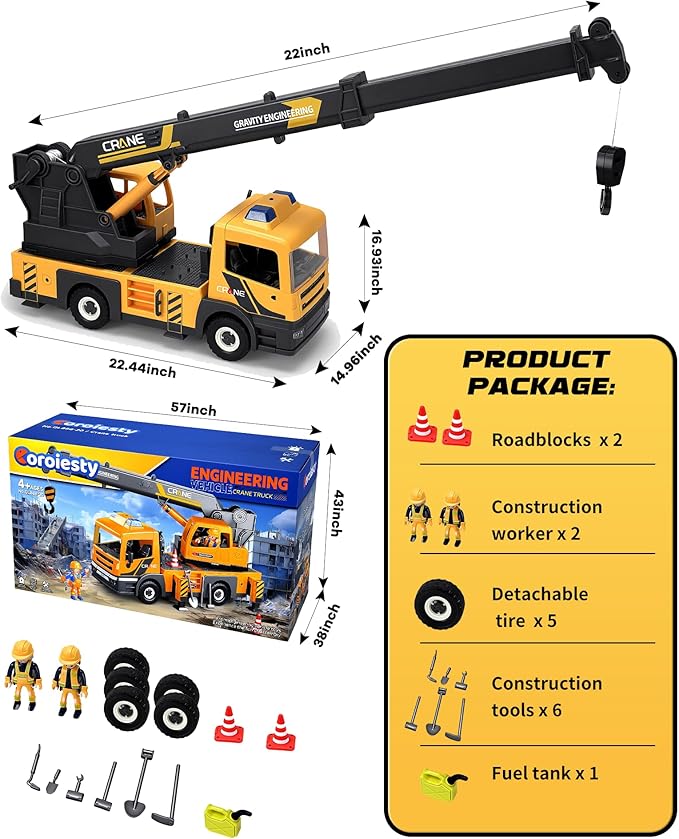 Large Crane Truck Toy with Extendable Crane Arm, Lights & Siren Sounds, Assemble Truck Engineering Vehicle Toy for Boys Girls 3+, Christmas Birthday Gift