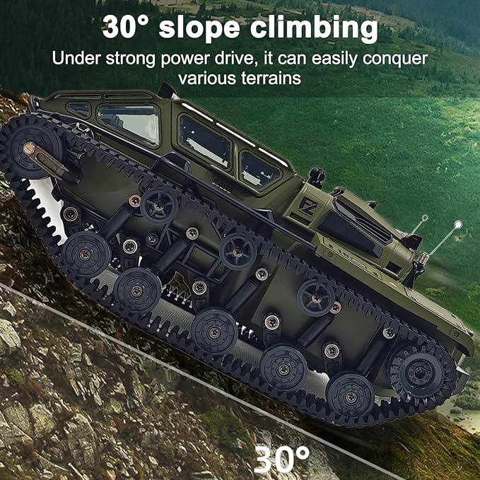 Remote Control Tank, 1:16 Scale 2.4GHz All Terrain RC Crawler, 4WD Off-Road Armored Tank, 360° Rotating Drifting Truck Toy Vehicle with Lights, Rechargeable Battery Gifts for Teens