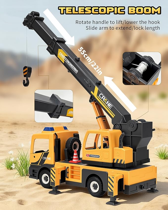 Large Crane Truck Toy with Extendable Crane Arm, Lights & Siren Sounds, Assemble Truck Engineering Vehicle Toy for Boys Girls 3+, Christmas Birthday Gift