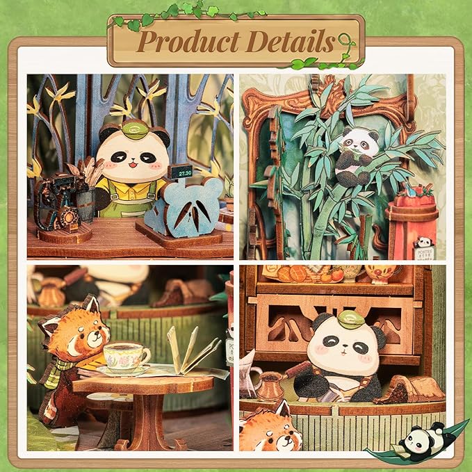 Fsolis Book Nook Kits, DIY Miniature House Kit 3D Wooden Puzzles for Adults Bookshelf Decor Decorative Bookend Gifts for Women Teenagers Book Lovers（Panda Bookshop）