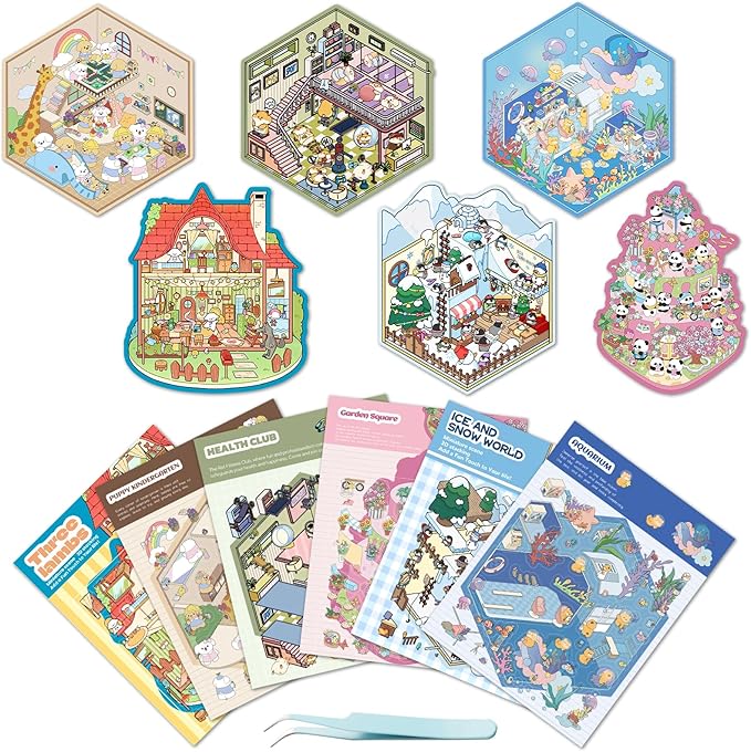 DIY 3D Sticker Scene 6 Sets of Stickers for Kids, Make Your Own Mini Room Scene Stickers for Girls,Cute Cartoon Animal Sticker Therapy for Adult,Relief Stress Pass The Time, Party Favors Christmas Fun