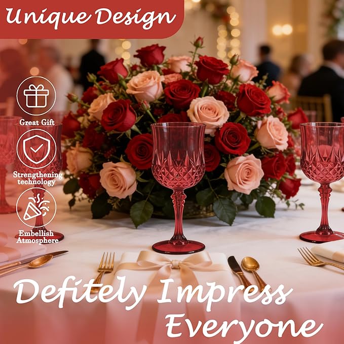 LEYIQU Plastic Wine Glasses, Plastic Goblets Vintage Style Cordial Drinking Glasses for Valentine’s Day, Wedding Reception, Grand Event Party Supplies (12, Scarlet Rose)