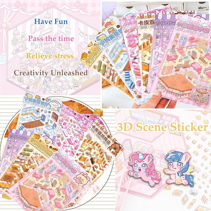 DIY 3D Sticker Scene, Stocking Stuffer, 6 Sets of Cute Miniature Isometric Stickers for Kids Adult Therapy Scenes Sticker Reuseable and Waterproof Stickers for Girl, Holiday & Christmas Fun