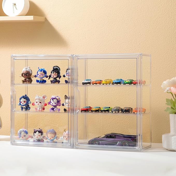 Attelite Acrylic Display Cases for Collectibles,3 Layer Clear Display Case with Magnetic Door,Desktop Clear Showcase with 2 Adjustable Divider Storage Box for Action Figure