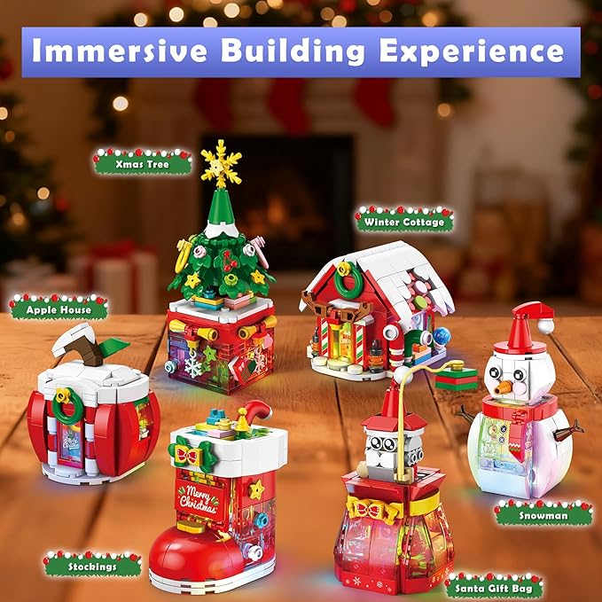 Christmas Building Blocks Set with Lights & Music - 6 Pack Christmas Ornaments - Santa Gift Bag, Snowman, Xmas Tree, Stockings, Apple House & Winter Cottage Building Blocks Gift Idea