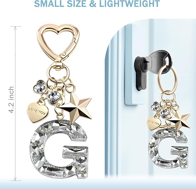 Cute Bling Keychain initial Letter Butterfly Star Pink Purple Gift for Women Girls Bag Cup Charms Accessories