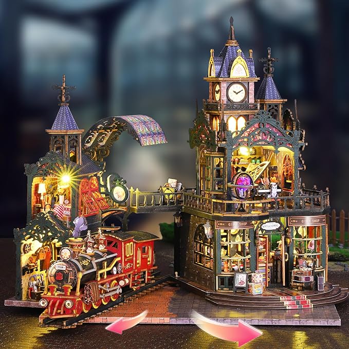 DIY Miniature House Kit: DIY Miniature Dollhouse Booknook Kit with Steam Train, 3D Wooden Puzzle Bookshelf Insert Decor with LED Light, Tiny Model House Building Adults Craft Kits Gift