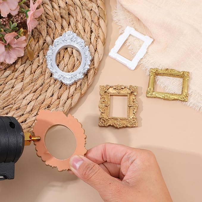 5 Pcs Miniature Picture Frames Vintage Dollhouse Photo Frames with Carved Golden Edges for Wall Hanging Desktop Display Jewelry Showcase Miniature Props for Dollhouse Model Train Garden