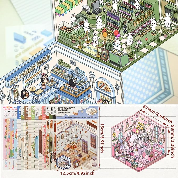 DIY 3D House Sticker, Creative 3D Stickers Scene, Fun 3D House Sticker Set, Decorative 3D Room Sticker, Cartoon 3D Miniature Scene Stickers for Adults Kids to Make Your Own Mini Room Scenes (Set 2)