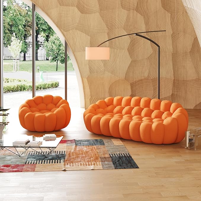 JACH 3 Seater Bubble Sofa and Single Seat Curved Couch, Comfy Upholstered Sofa, Mesh Fabric 3D Honeycomb Shape Modern Couch for Living Room, Office, Apartment, Small Space (Orange)