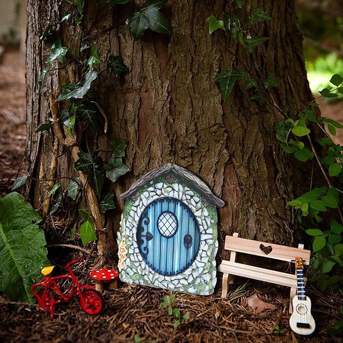 Wooden Fairy Garden Door – Miniature Tree & Yard Decoration, Outdoor Enchanted Gnome Door Ornament, Dollhouse Accessories & Whimsical Gift for Garden & Home Decor.（Blue）